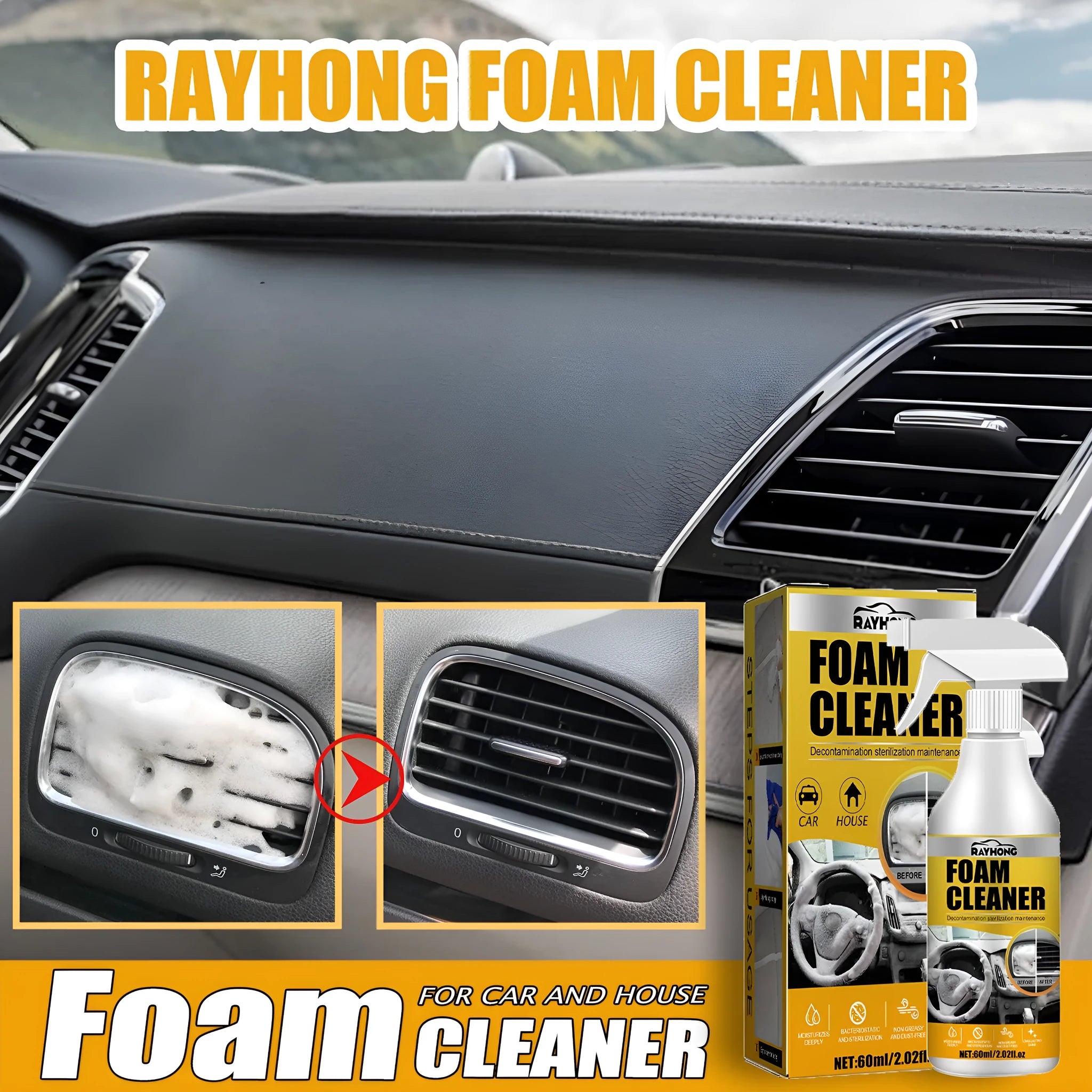 60ml car interior foamed cleaner bottle with applicator sponge in 6x6x11cm packaging