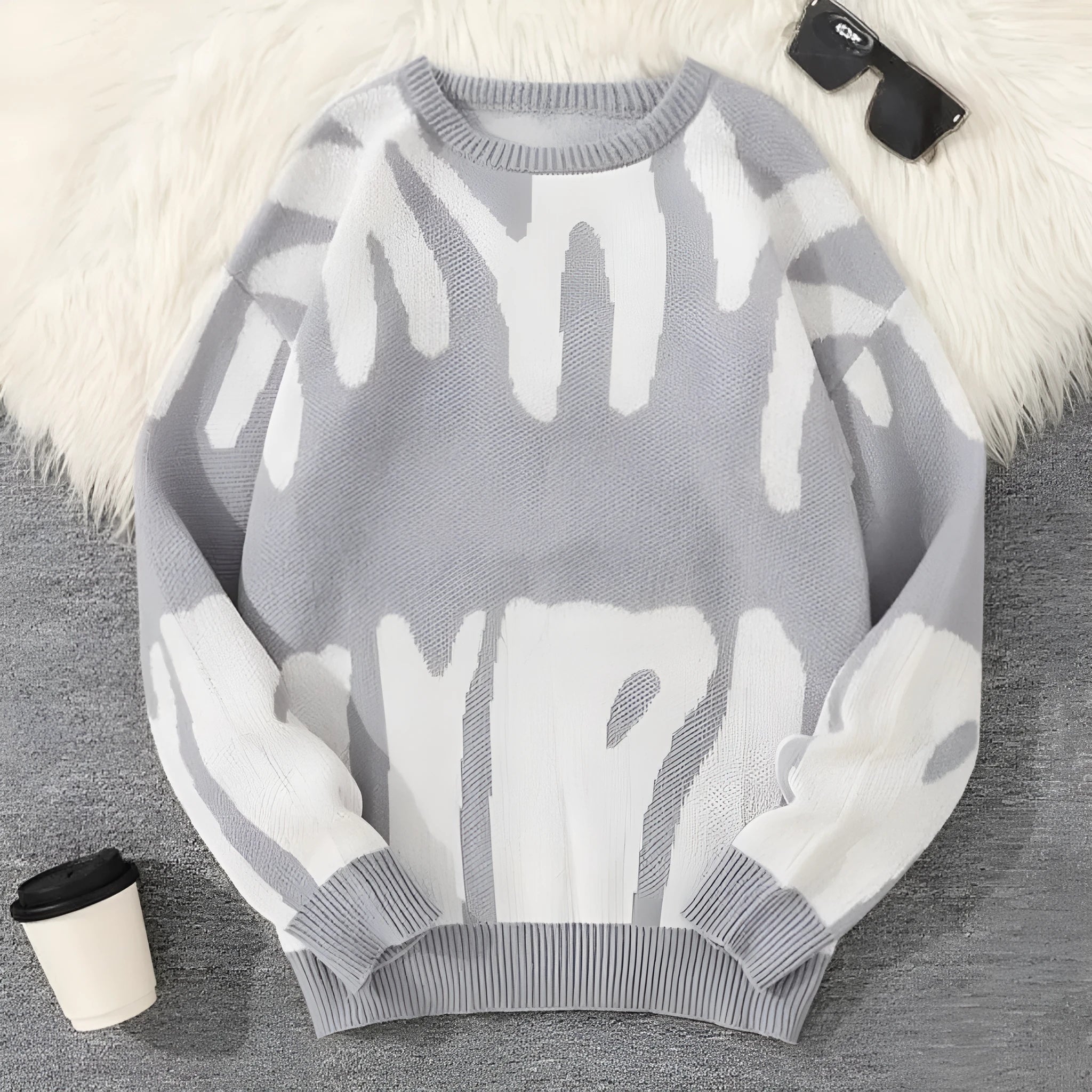 Men's casual knit sweater in green, loose-fit pullover with long sleeves, modal and rabbit hair blend