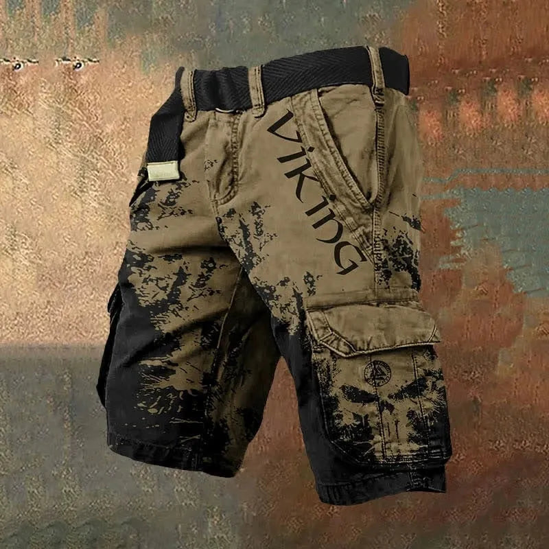 Men's black shorts with 3D digital print design and a full-length zip closure.