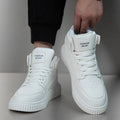 Men's solid white casual shoe with a round toe and smooth microfiber upper.