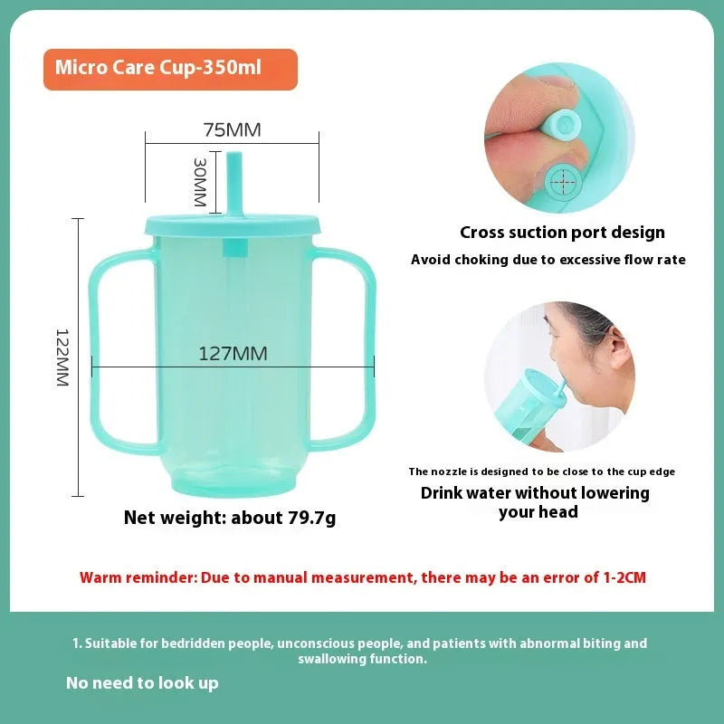 Oblique mouth choke proof drinking cup with optional wrist splint for elderly and pregnant women bed use