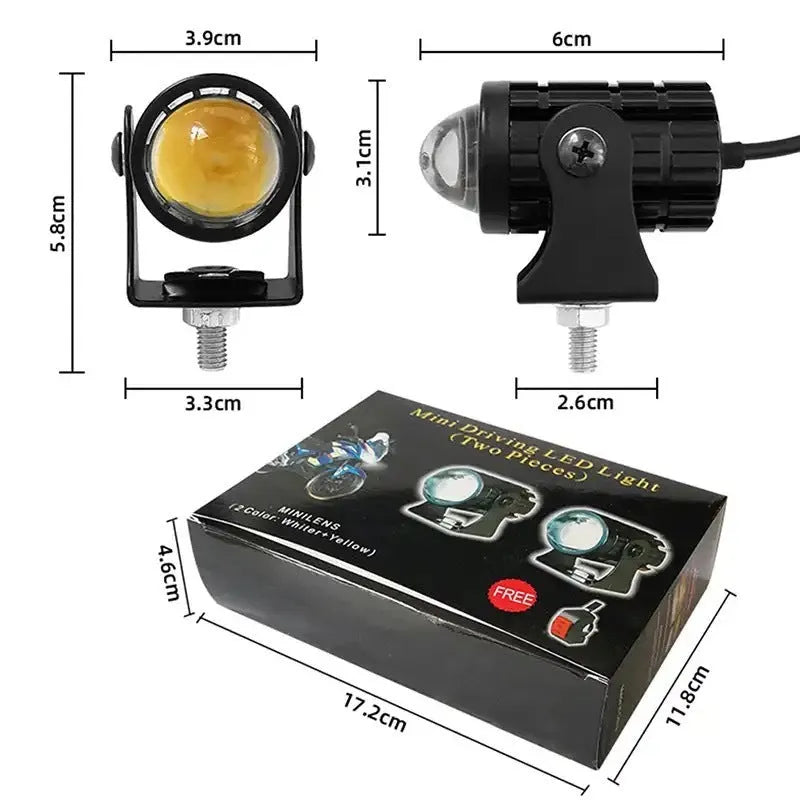 Motorcycle spotlight with dual colour lens in aluminium PC housing measuring 6x6x7cm