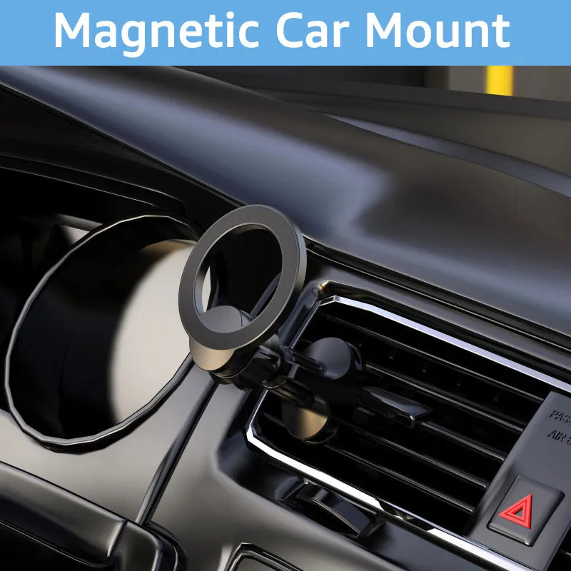 Black magnetic car air vent phone holder with O-ring bracket attached to a car vent.
