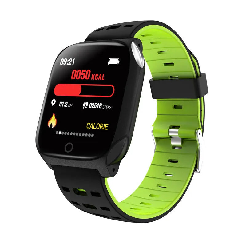 F16 smart watch with ECG monitor on a silicone strap, showing black, grey, green, and red colour options