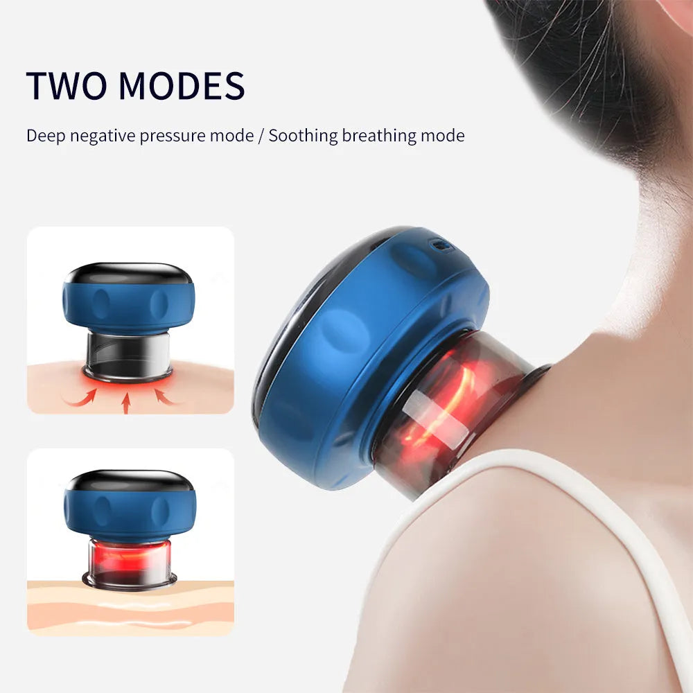 Smart electric vacuum cupping massage device with LCD display and control buttons on a black and blue body.