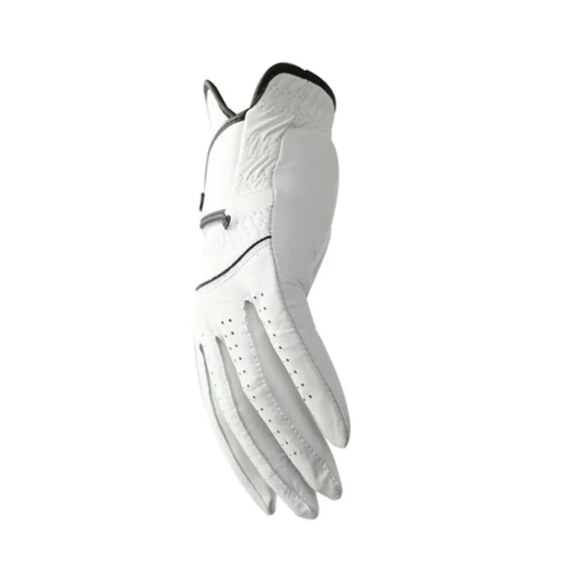 White men's golf glove with half sheepskin palm, shown laid flat.