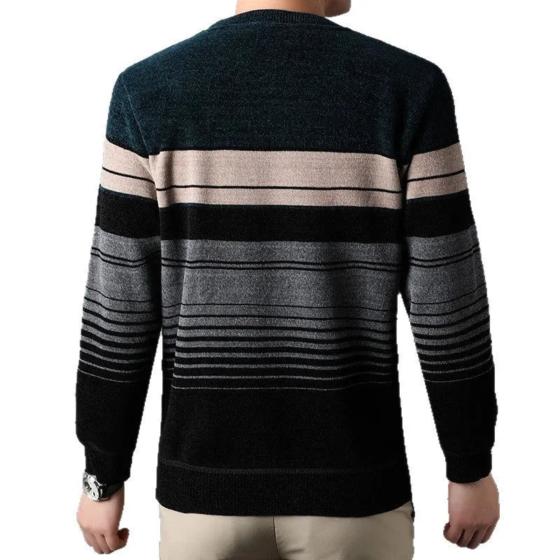 Fleece-lined thickened striped pullover in navy blue, loose fit, sizes L to 4XL for middle-aged leisure wear.