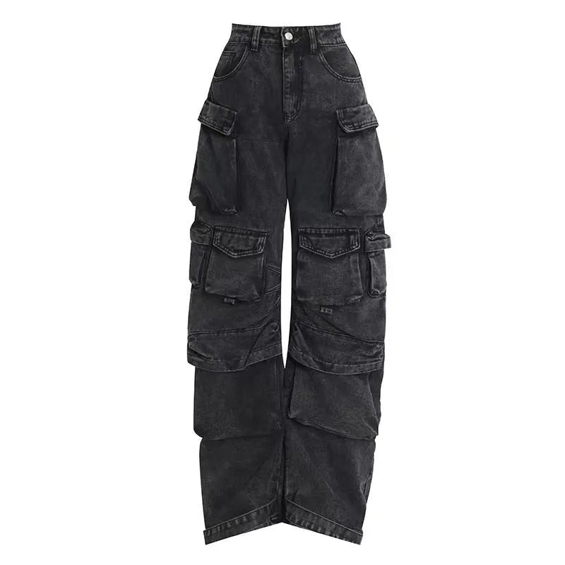 Women's tie-dyed wide leg high waist trousers with multiple pockets in street hipster style