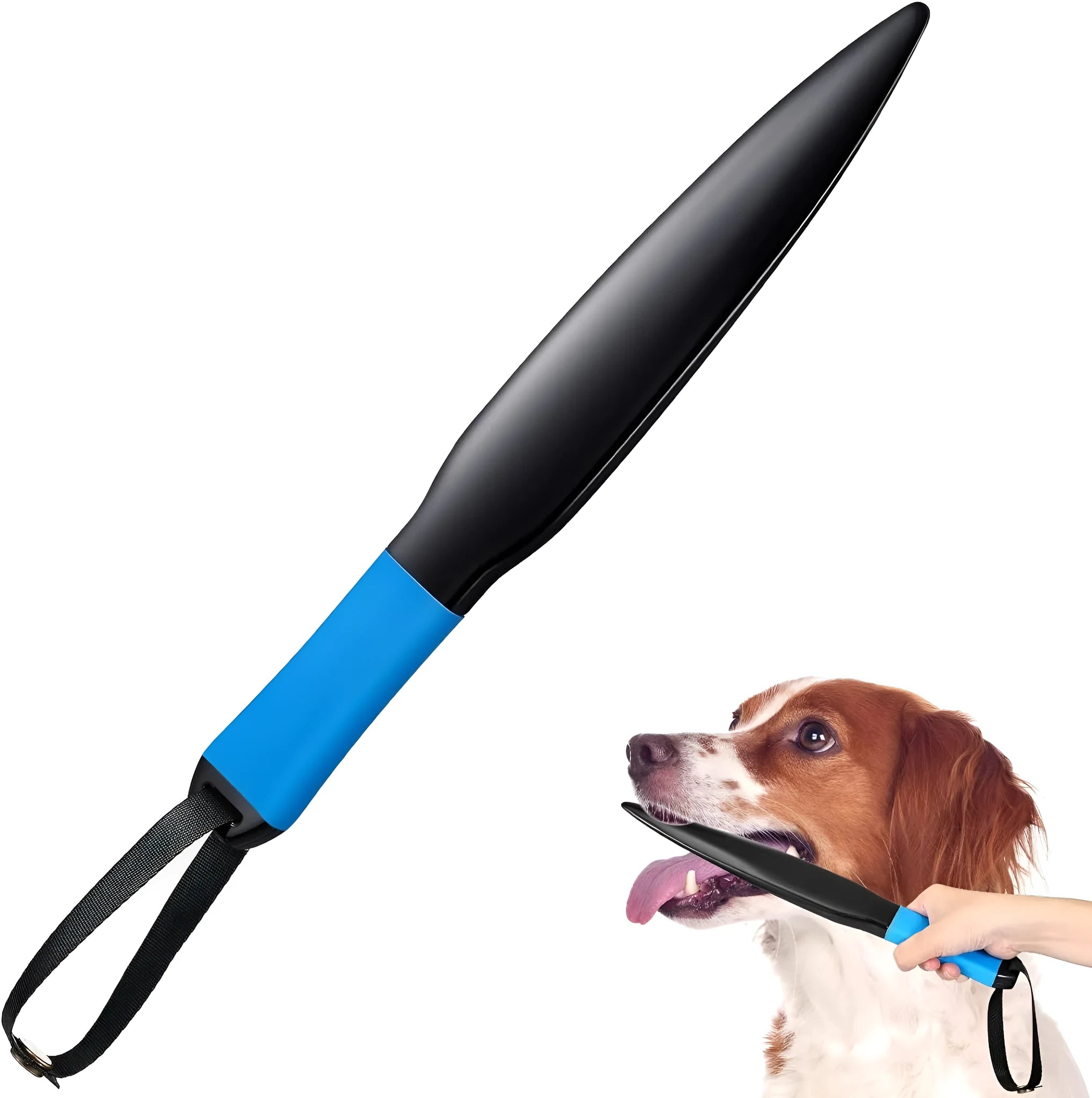 Blue-handled nylon dog break stick measuring 35 cm, shown with colour variants.