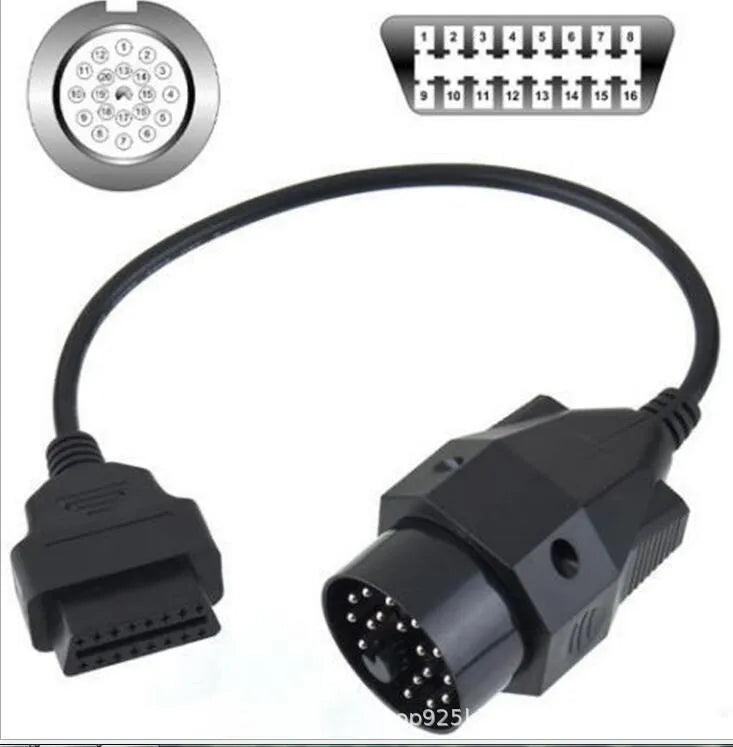 OBD2 adapter cable with a BMW 20-pin connector on one end and a standard 16-pin OBD2 connector on the other.