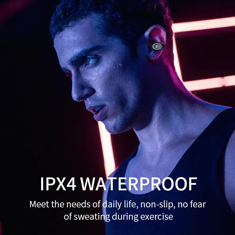 Wireless earbuds with earhook clip and Bluetooth 5.0, available in multiple colours, with charging case