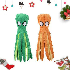 Blue octopus-shaped dog chew toy with tentacles, no stuffing, crinkle and squeaker sounds