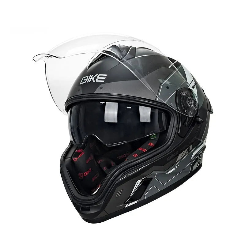 Double Lens Big Tail Motorcycle Helmet ABS Material Adult Full Face Motorbike Helmet Available in White Track Metal Gray Blue Mech Bright Black Beast Countless Micro Calories Matte Black Yellow Track Chameleon Sizes M L XL 2XL
