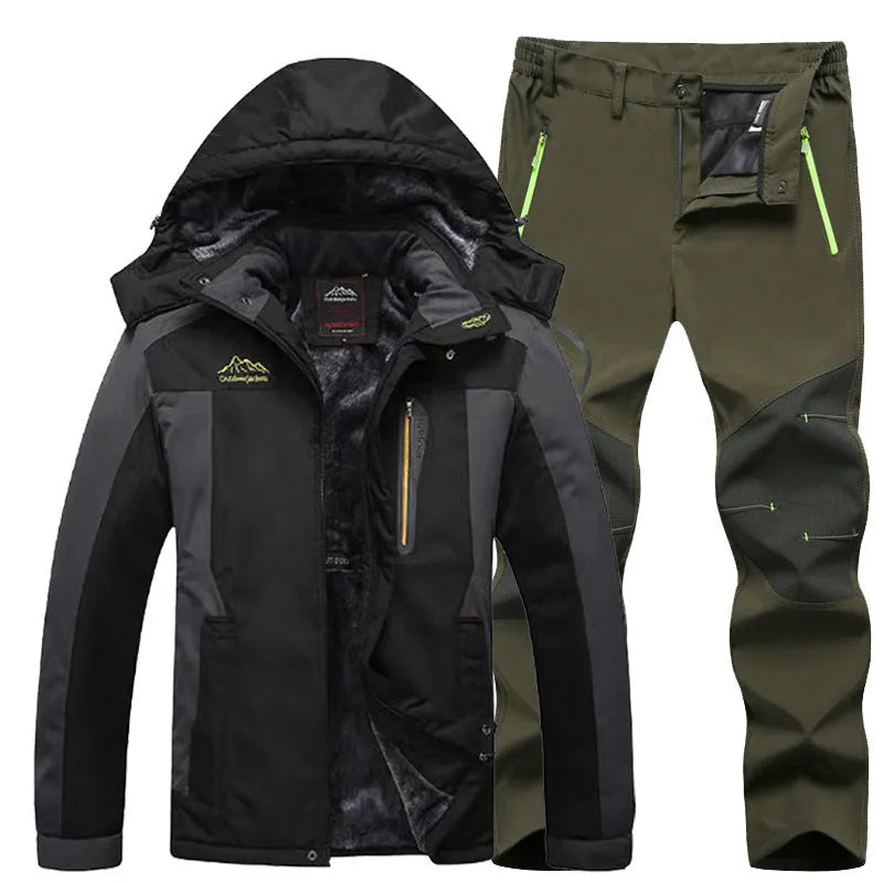 Men's outdoor windproof jacket set with jogging pants in black and army green colour block