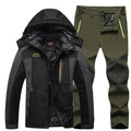 Men's outdoor windproof jacket set with jogging pants in black and army green colour block