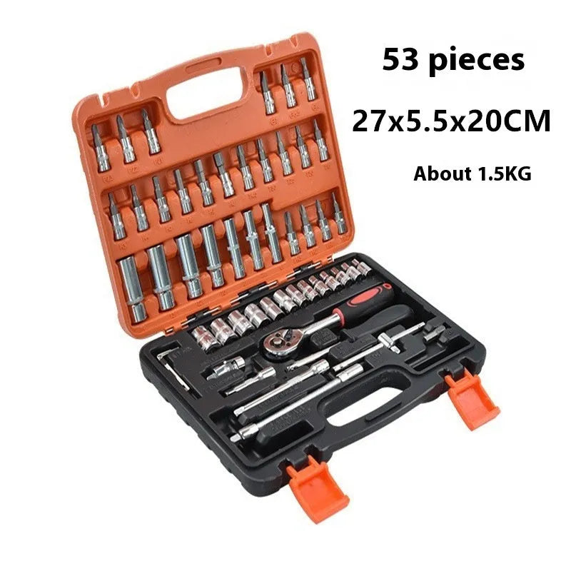 53-piece socket wrench tool set in red and black box for household hardware repair