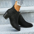 Women's black ankle boots with pointed toe and thick square heel, slip-on design