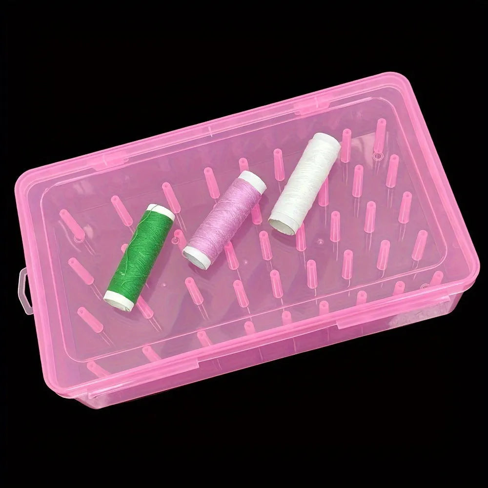 Transparent plastic storage box with 42 compartments for embroidery threads and sewing kit organisation