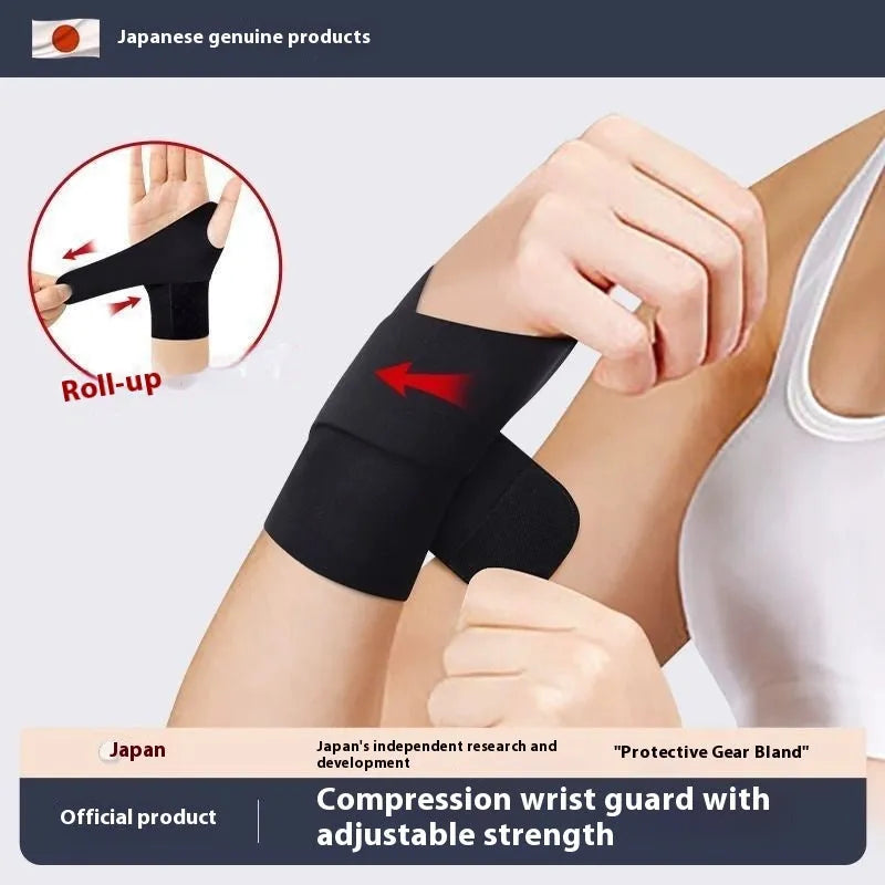 Adjustable black athletic wristguard worn on a wrist during exercise.