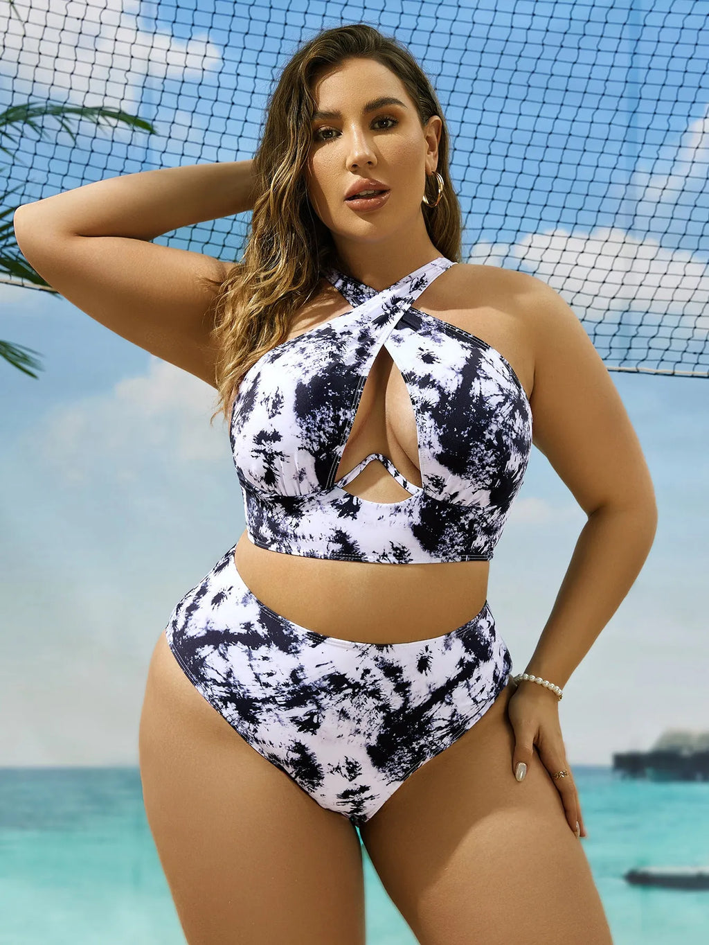 Cross collar random printed one-piece swimsuit in polyester with lining