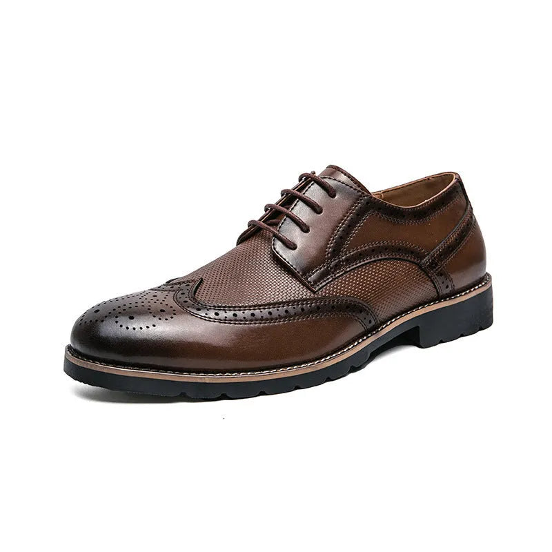 Men's black leather business formal pumps low top round toe PU sole with sewing line detail on side view