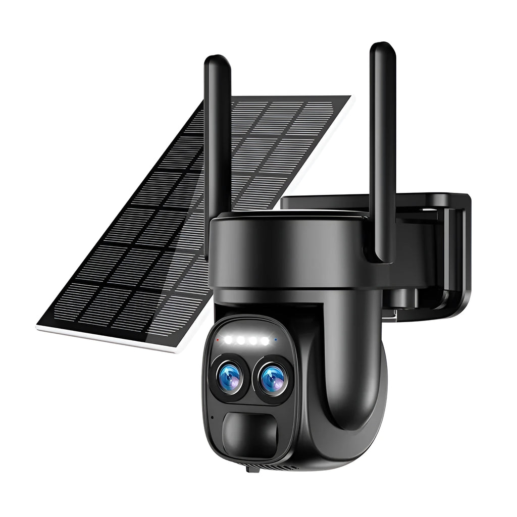 Solar-powered security camera with optical zoom lens for outdoor surveillance