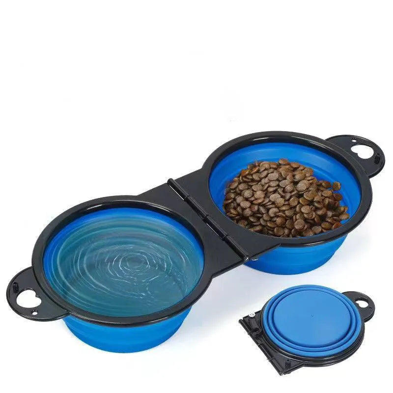 Blue folding silicone double pet bowl for dogs and cats, shown both open and collapsed flat