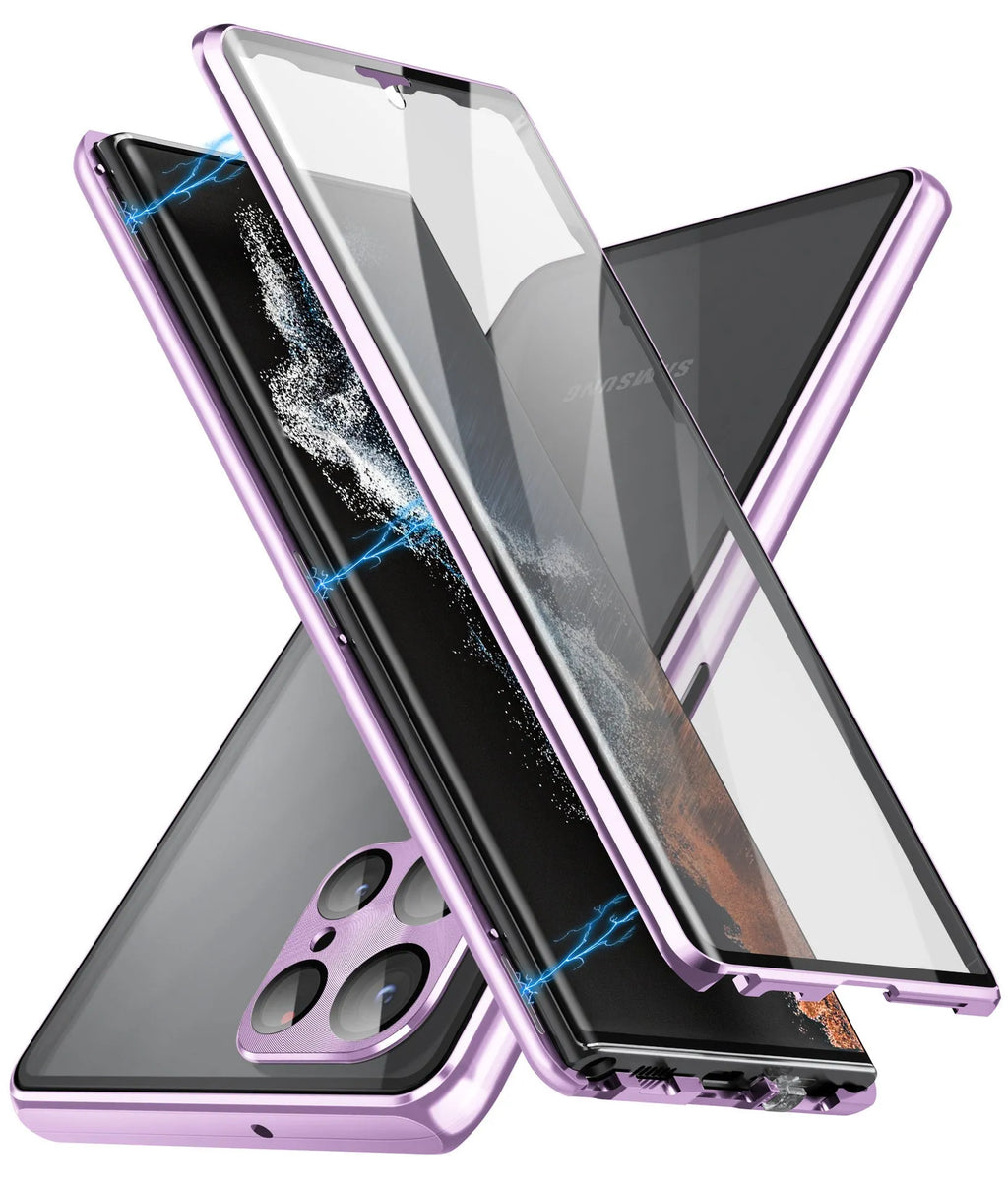 Black magnetic phone case with integrated mirror for Samsung Galaxy S24 Ultra, showing metal build.