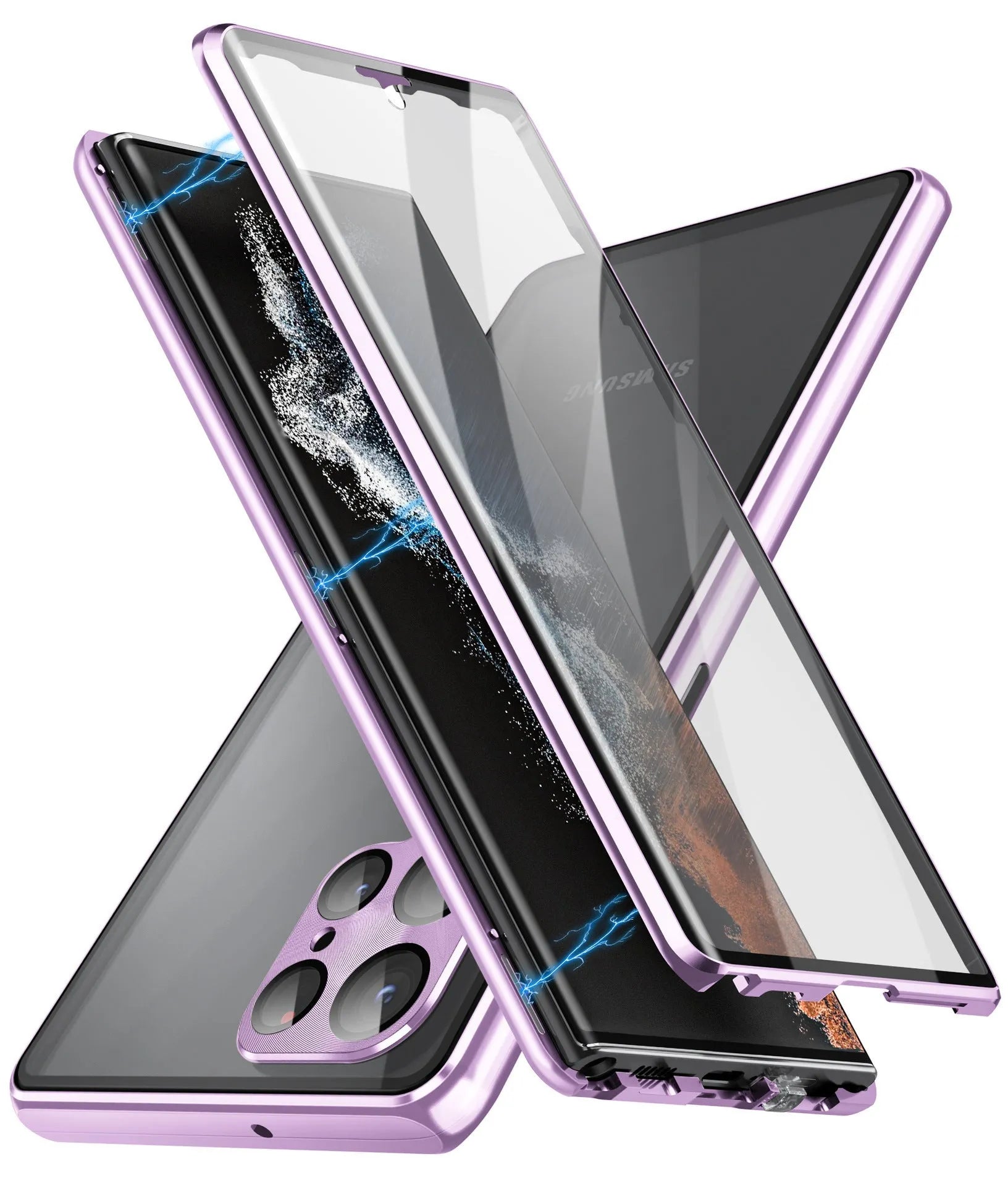 Black magnetic phone case with integrated mirror for Samsung Galaxy S24 Ultra shown from the front.