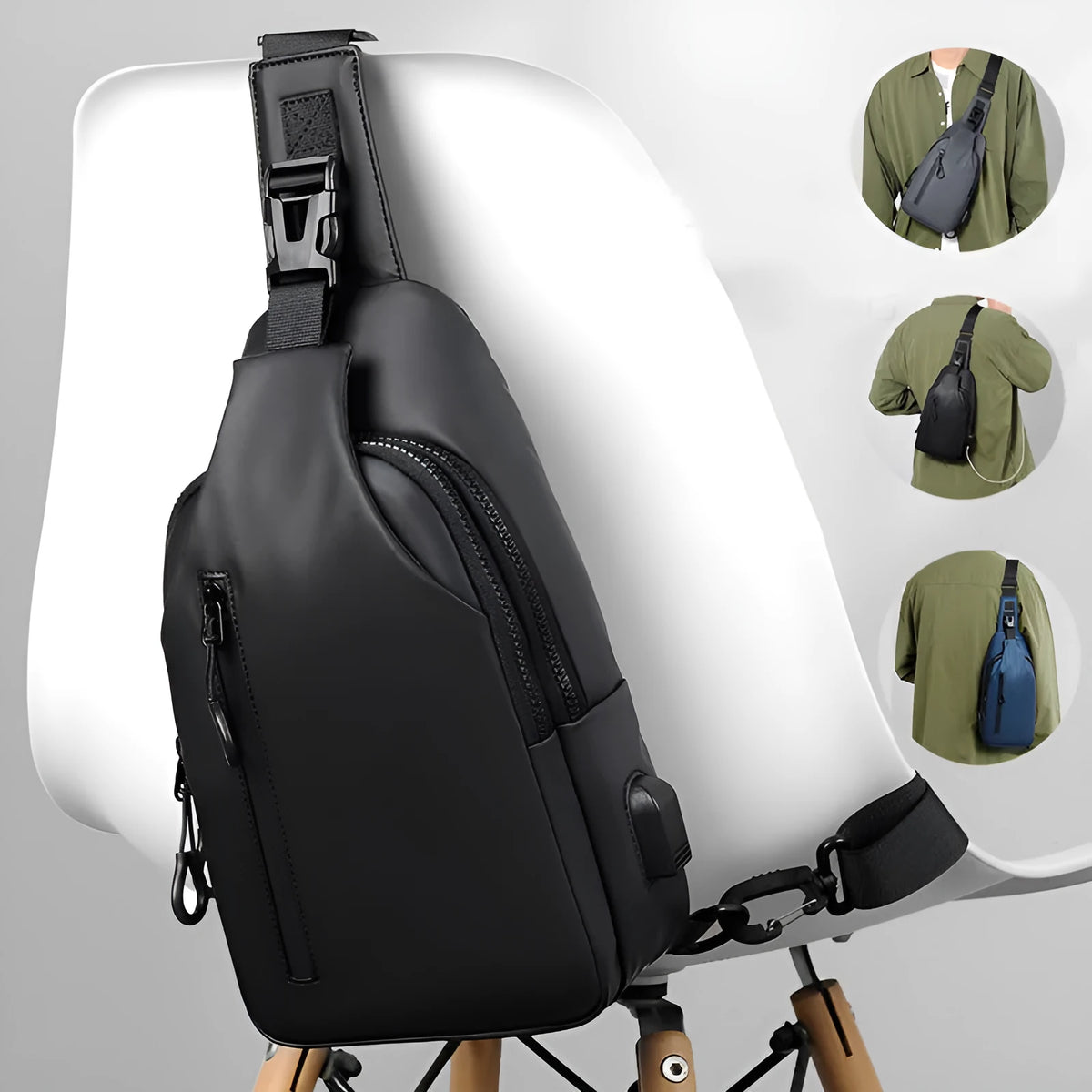 Black sling crossbody backpack for men with zip closure and soft handle, solid colour
