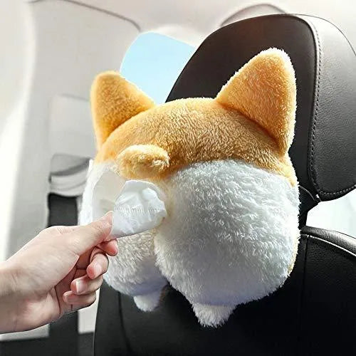 Yellow soft plush corgi butt-shaped tissue box cover with elastic back for car visor.