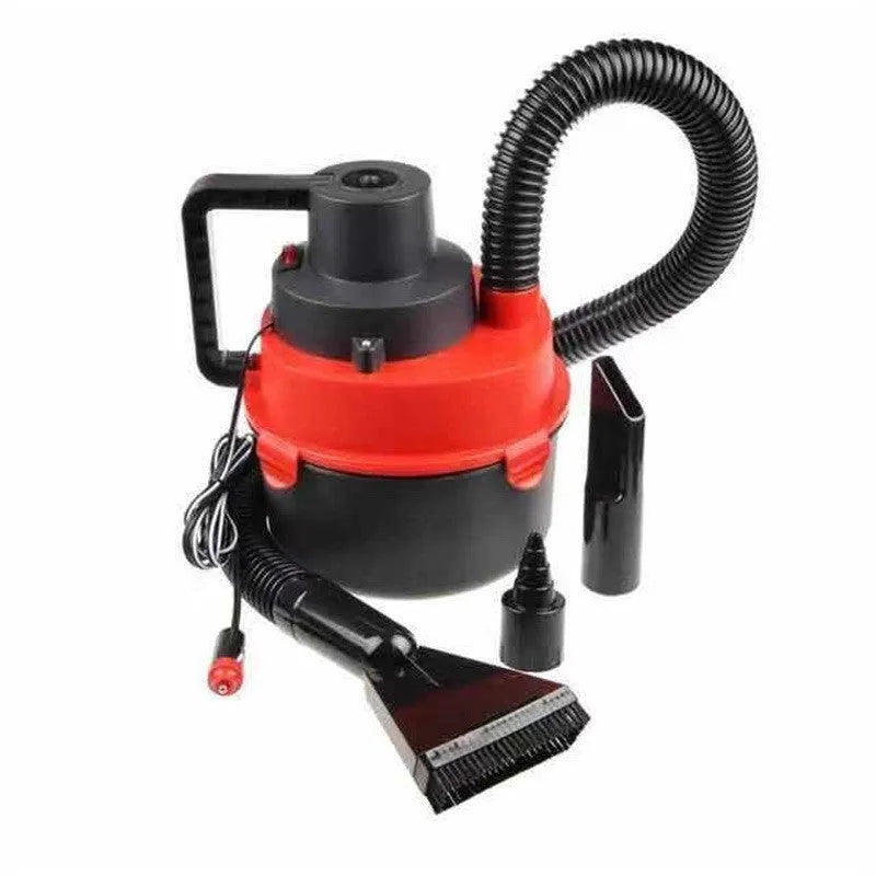 Car portable vacuum cleaner with 12V 90W power, black hose, and attachments in red