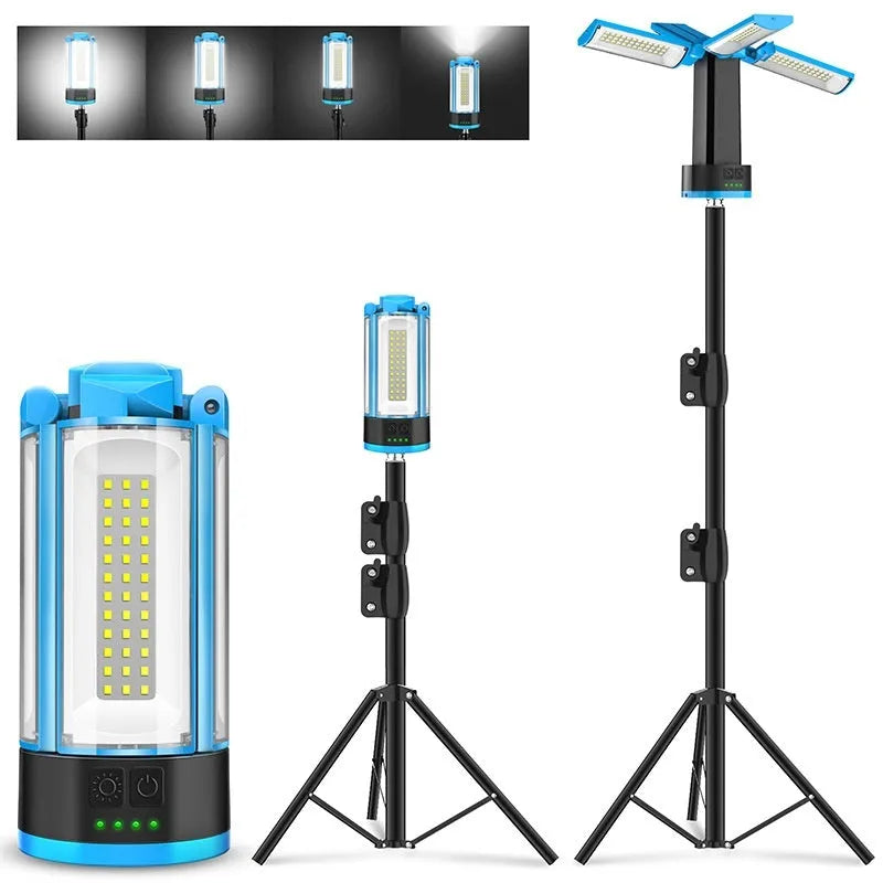 Blue outdoor multi-function LED work light with four-leaf fold design, folding bracket, and storage bag