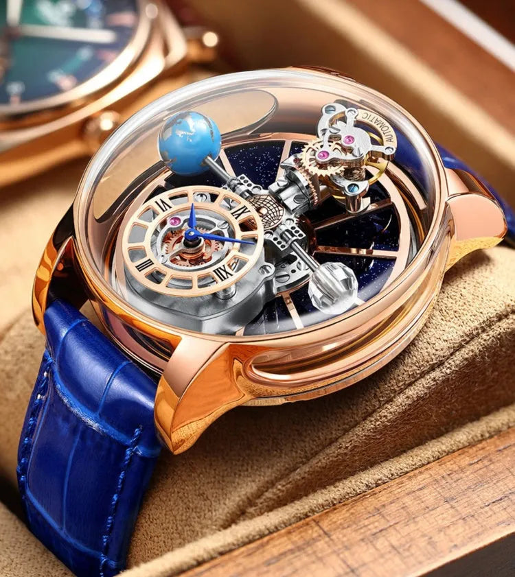 Men's hollowed-out quartz watch with round 46mm dial, real leather strap, and mineral glass on wrist