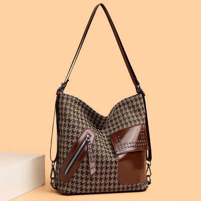 Medium houndstooth nylon backpack for women with rivet design and zipper opening in Leopard Pattern