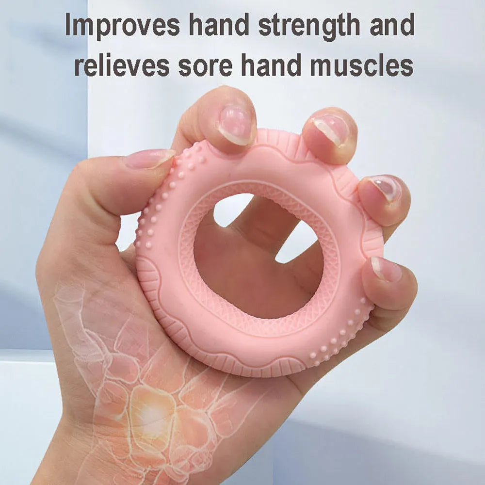 Silicone hand grip ring in five colours showing textured surface and compact 7.4cm size for finger and forearm strength training