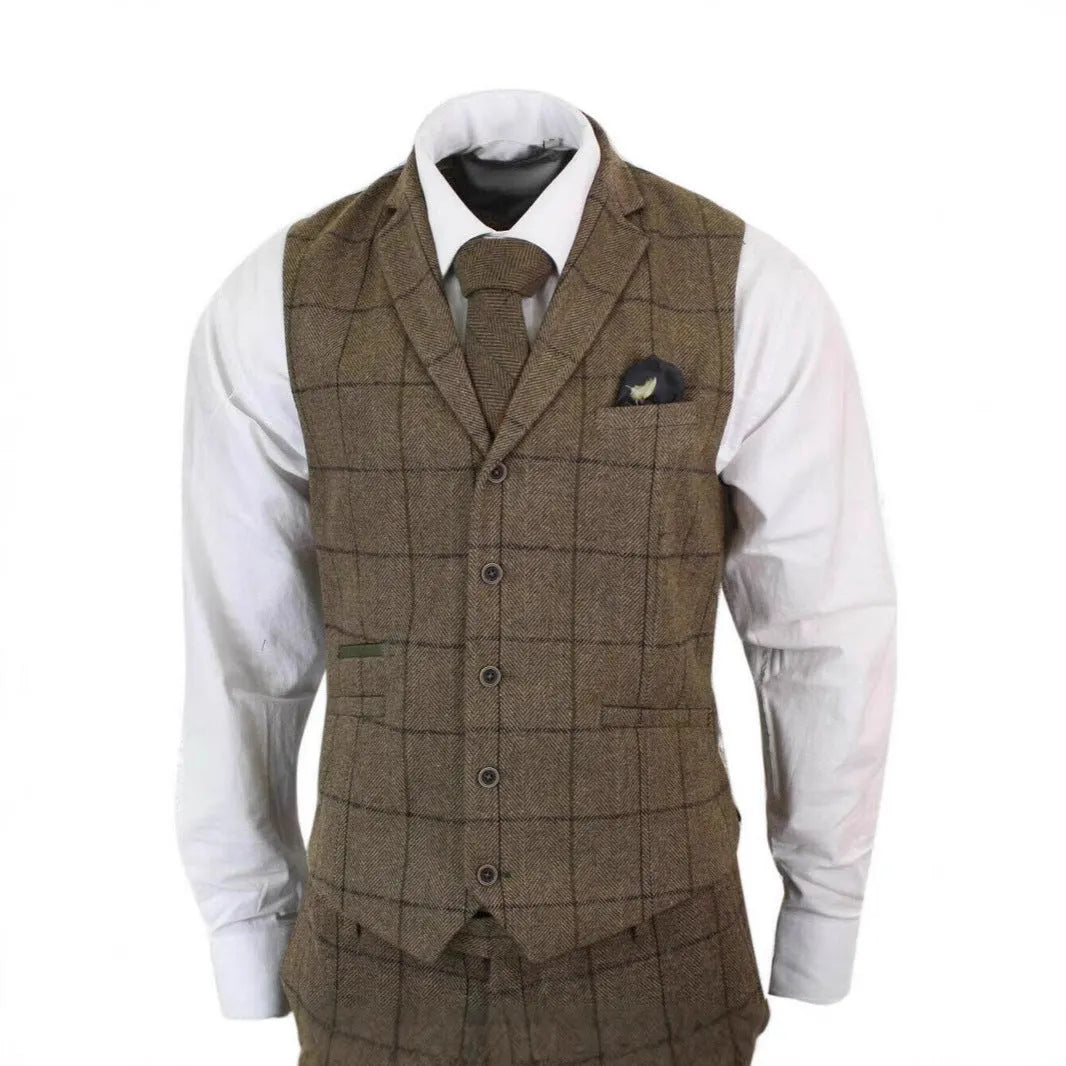 Men's brown plaid three-piece suit set with coat, vest and trousers, slim fit cotton blend, sizes XS to 6XL