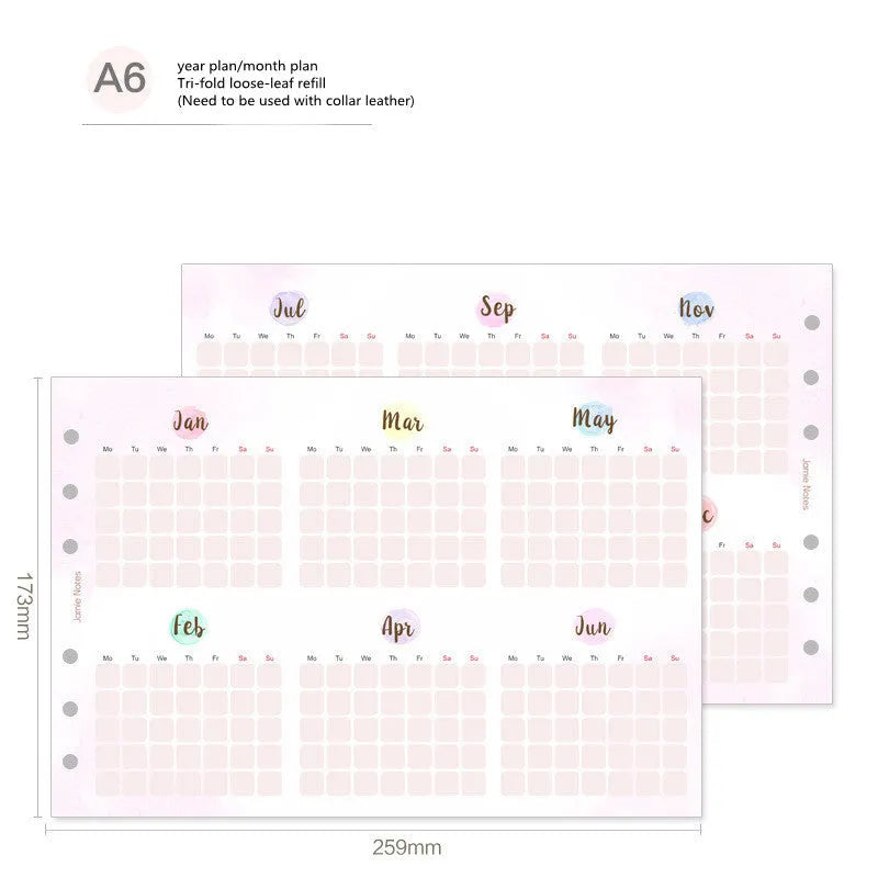 Handbook loose-leaf refill sheets showing floral monthly planner and symphony tri-fold layouts in A5, A6, A7 sizes