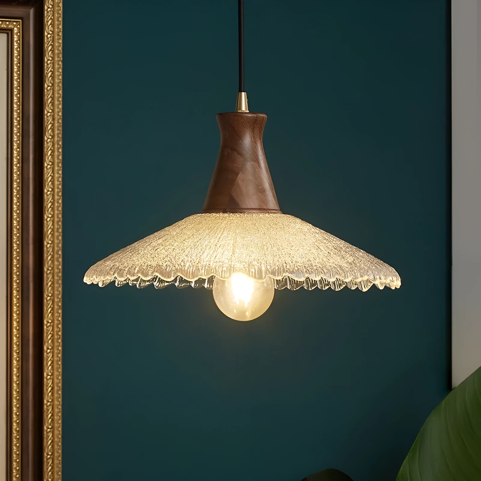 Retro-style wood and glass ceiling chandelier with brass accents in three sizes.