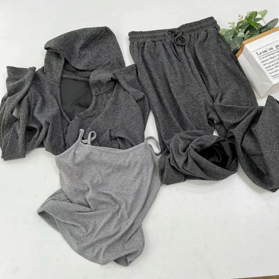 Grey Korean style casual sports suit set with long princess sleeve top, shorts, and matching vest, sizes L to 4XL
