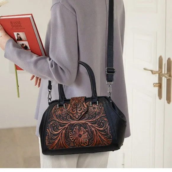Handmade carved one-shoulder women's PU leather bag in beige with retro embossed pattern and pillow shape