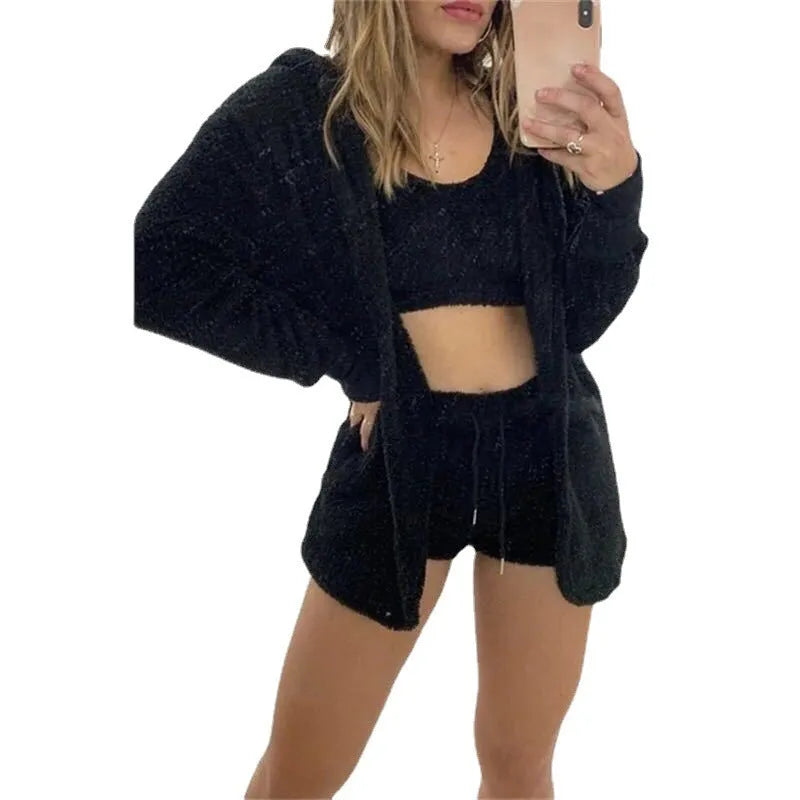 Women's three-piece fashion sports suit set with coat, vest, and shorts in solid mixed colour