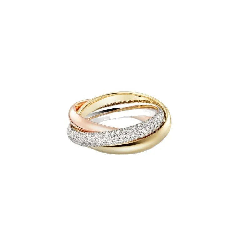 Set of three sterling silver rings with full band of diamonds, showing gold rose and silver black finishes on a geometric U-shaped profile.