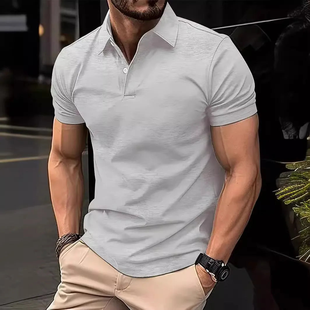 A man's solid colour casual short sleeve shirt in a slim fit style on a hanger.