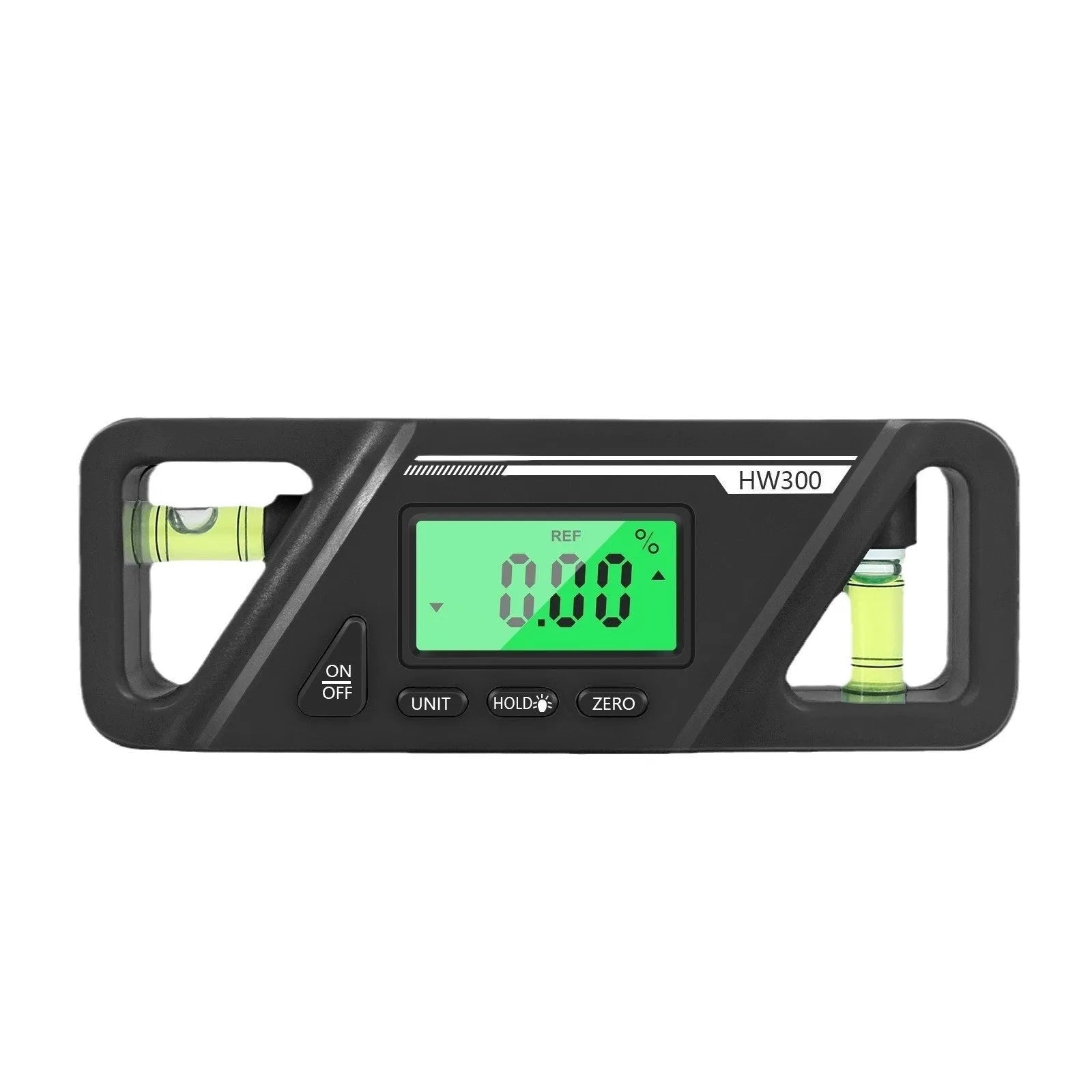 HW300 digital inclinometer level meter with magnetic base and LCD display showing angle measurement.