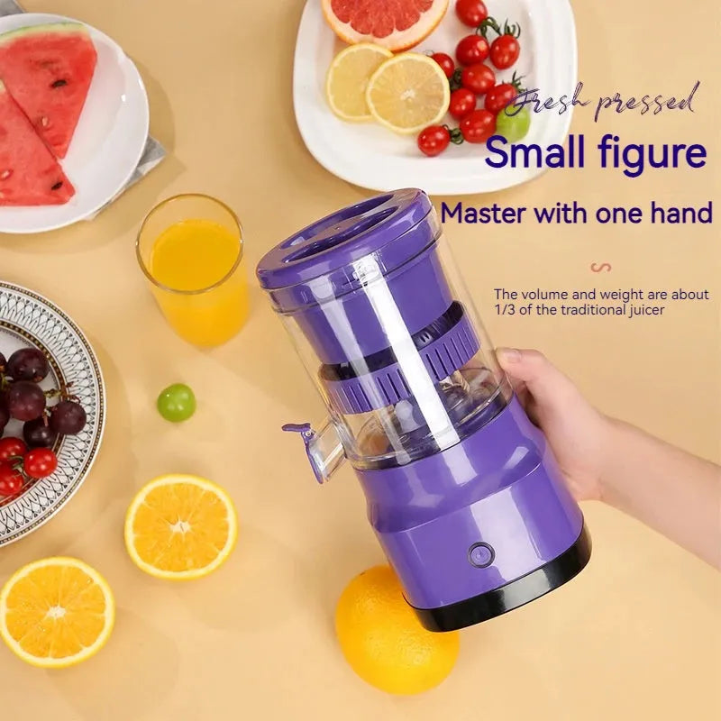 Purple USB rechargeable electric citrus juicer with cone-shaped filter and 400ml capacity container