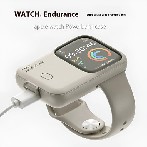 Apple Watch portable charging case with silicone sleeve, shown alongside compatible watch.