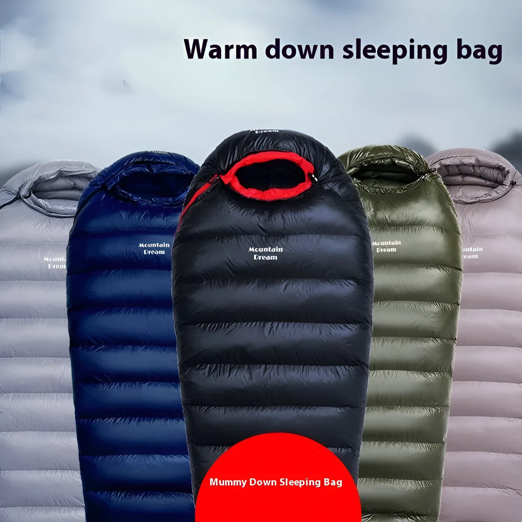Ultralight mummy sleeping bag in army green colour with white duck down fill.