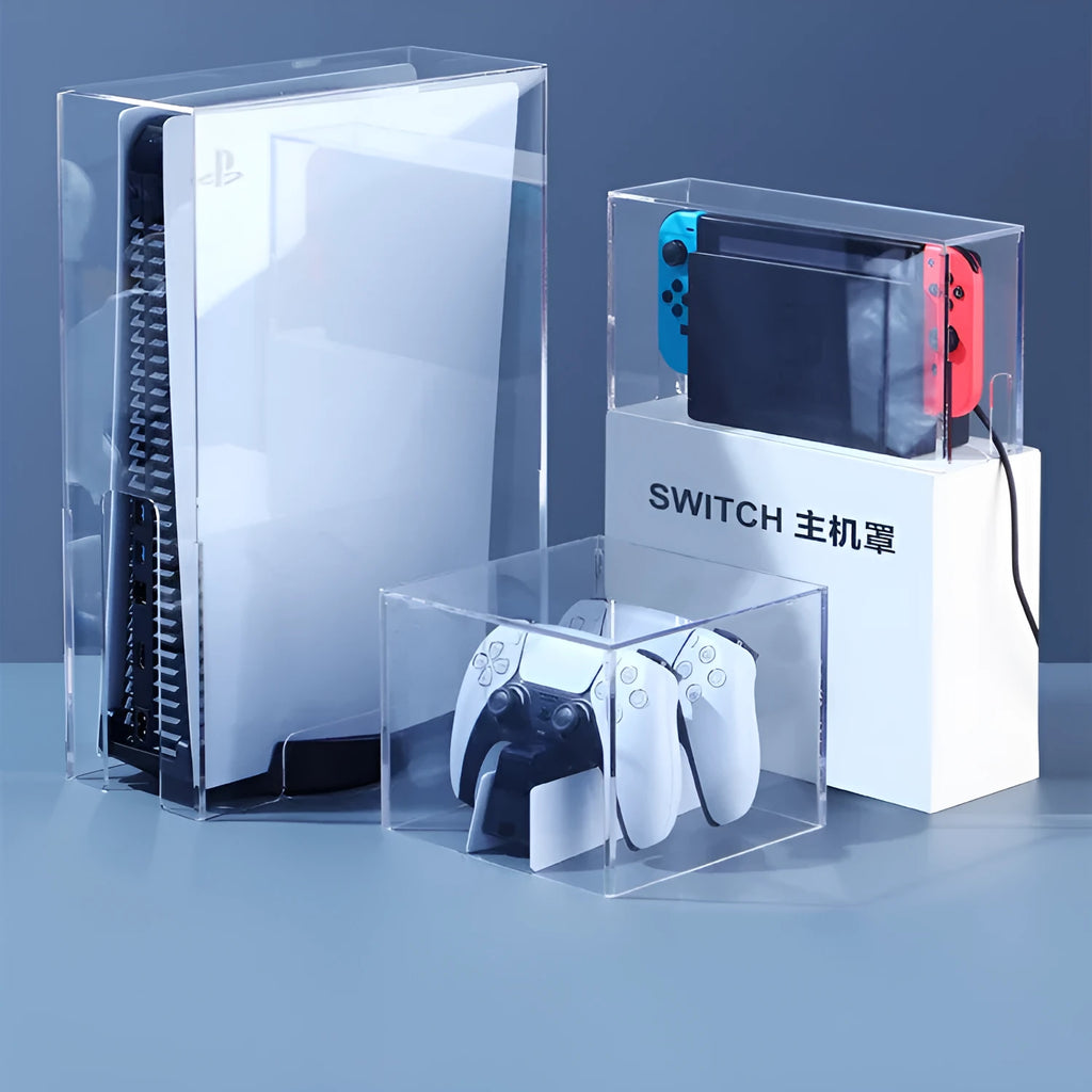 Acrylic transparent dust cover for PS5 optical drive version, vertical and horizontal styles, with breathable option and handle storage box.