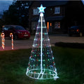 Multi-colour LED animated outdoor Christmas tree lights wrapped around a garden tree branch.